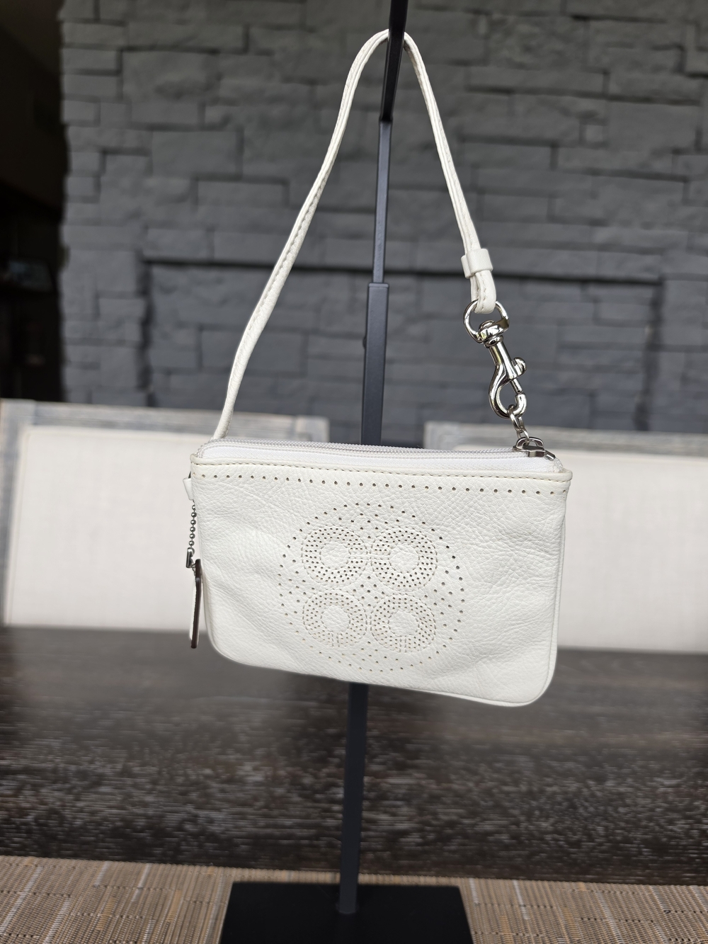 Coach White Leather Wristlet Coin Wallet with Perforated Detail